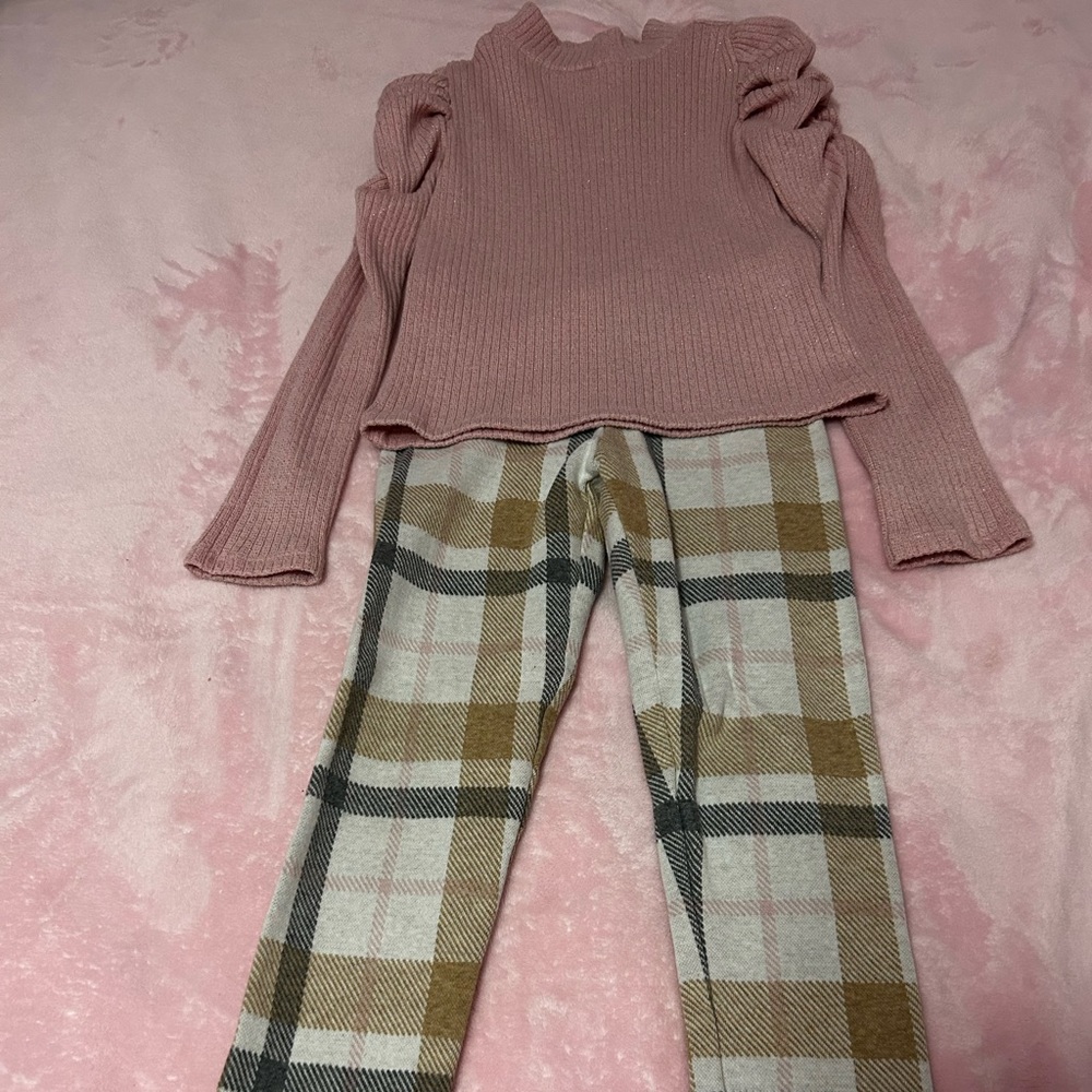 Janie and Jack sz 7 plaid leggings with matching pink shimmer mock neck top